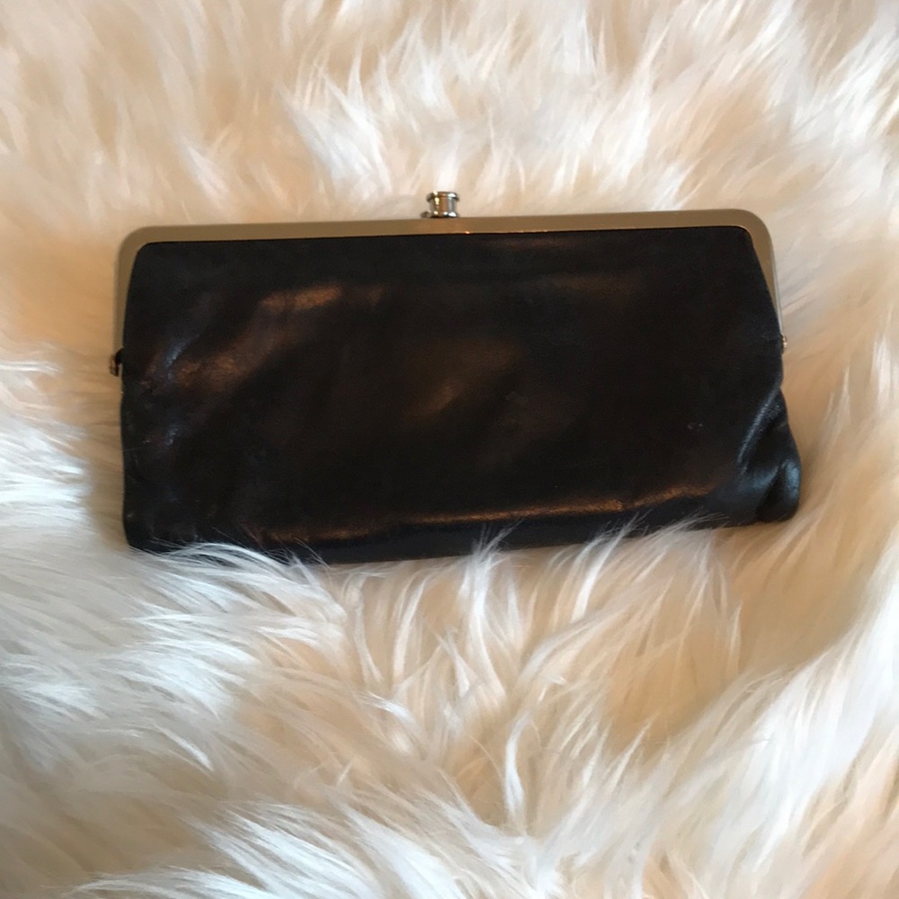 Black leather hobo wallet with silver hardware